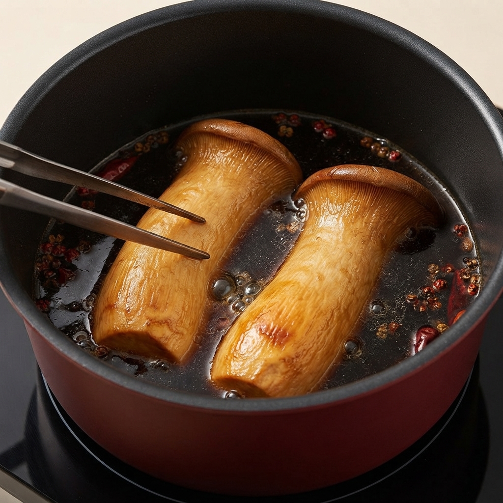 Deux champignons eryngii entiers reposant à lintérieur dune casserole remplie de sauce de braisage foncée et dépices.