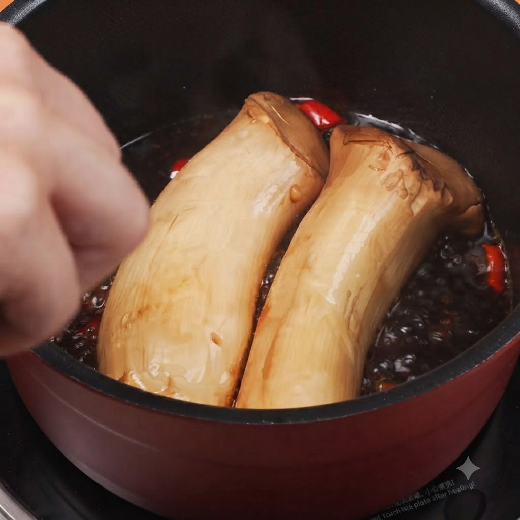 Main utilisant des pinces pour retourner délicatement les champignons eryngii mijotant dans la sauce.