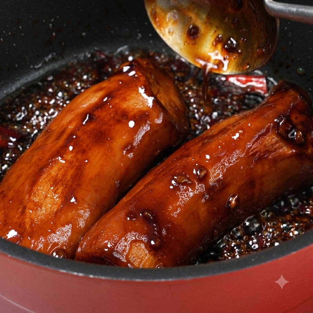Champignons eryngii entiers mijotant dans un glaçage foncé en cours de réduction dans une casserole, arrosés de sauce.