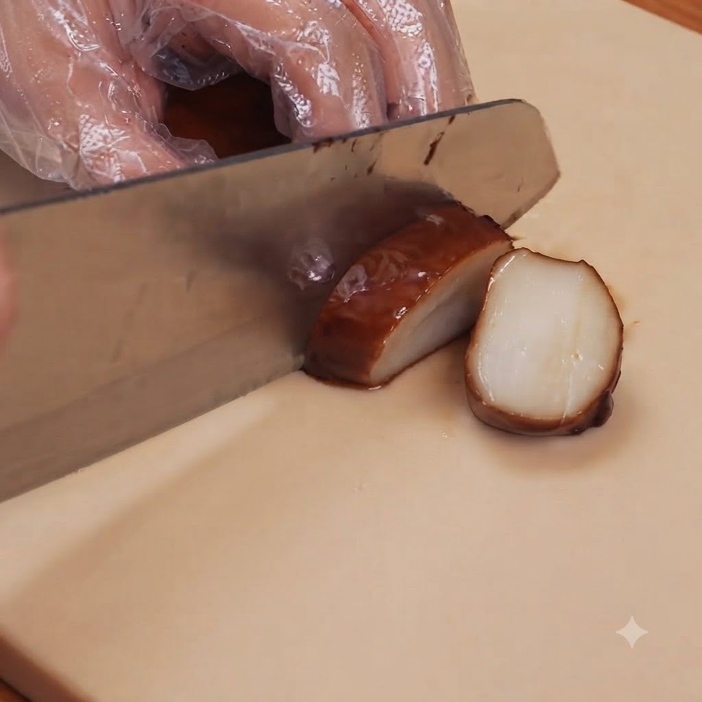 Personne portant des gants de protection coupant un champignon eryngii glacé sur une planche à découper, révélant lintérieur blanc.
