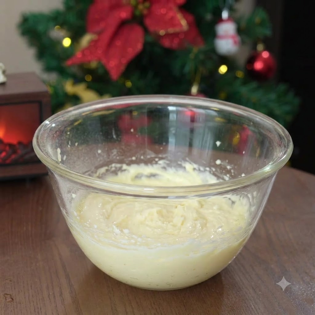 Un bol mélangeur en verre contenant du beurre et du sucre glace battus jusquà consistance mousseuse.