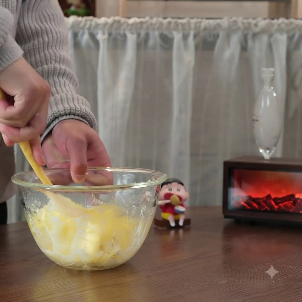 Des jaunes dœufs tamisés incorporés dans la base de beurre avec une spatule jaune.