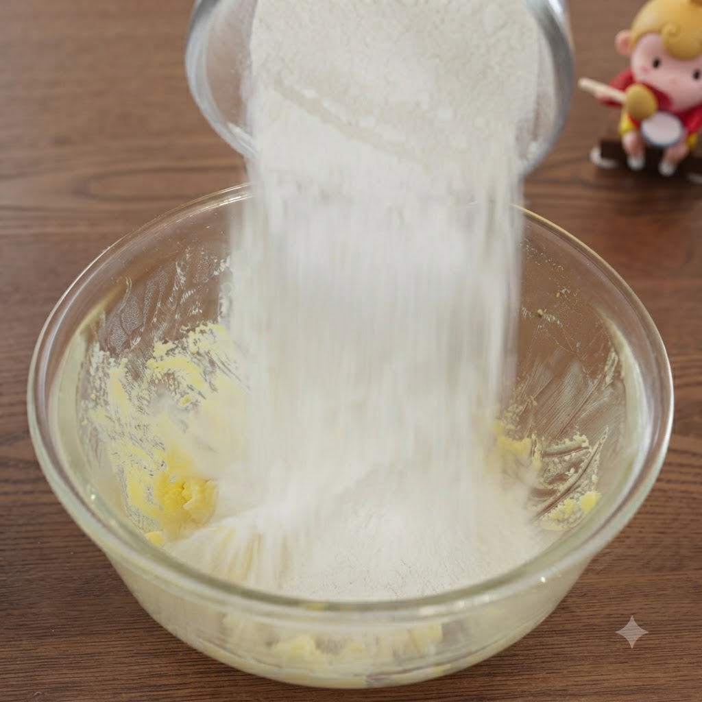 De la farine et de la fécule de maïs versées dun récipient en verre dans le bol mélangeur.