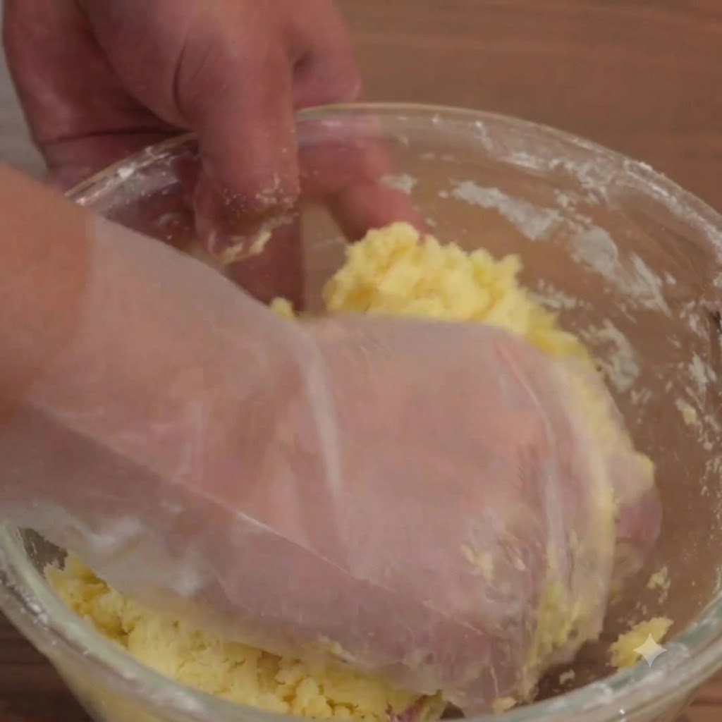 Une main gantée pétrissant la pâte à biscuits à lintérieur dun bol mélangeur en verre.
