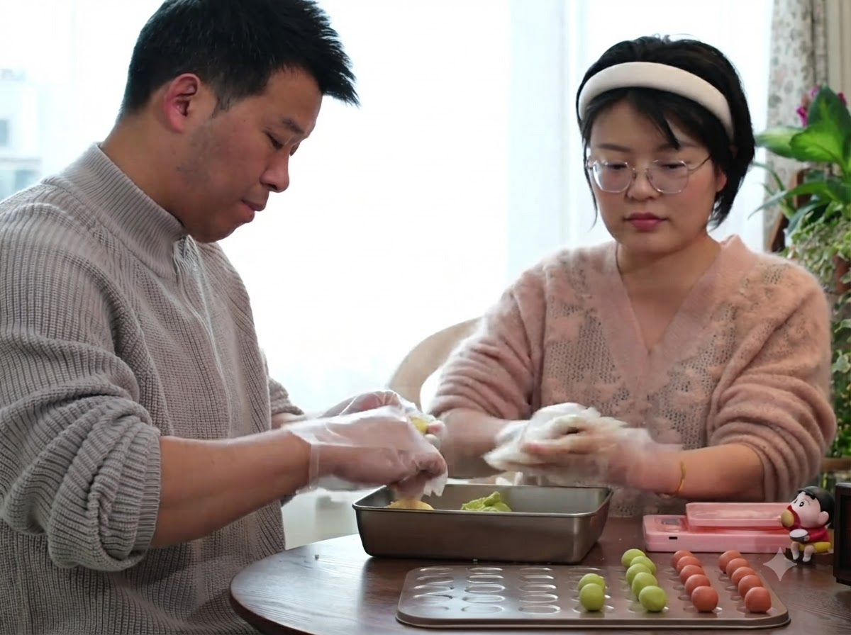 Un homme et une femme portant des gants tout en roulant de petits morceaux de pâte à biscuits colorée en boules rondes sur une table.