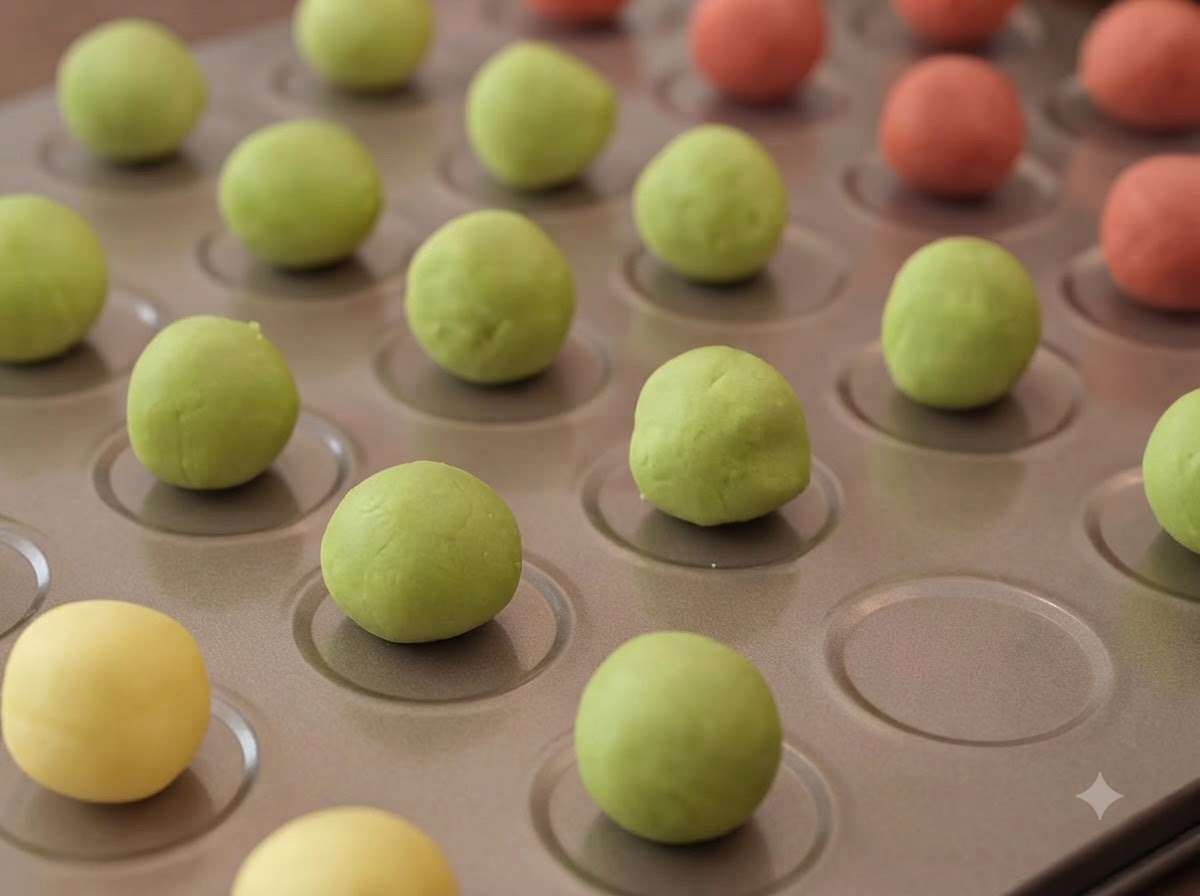Gros plan dune plaque de cuisson tapissée de boules de pâte rondes vertes, jaunes et rouges disposées proprement.
