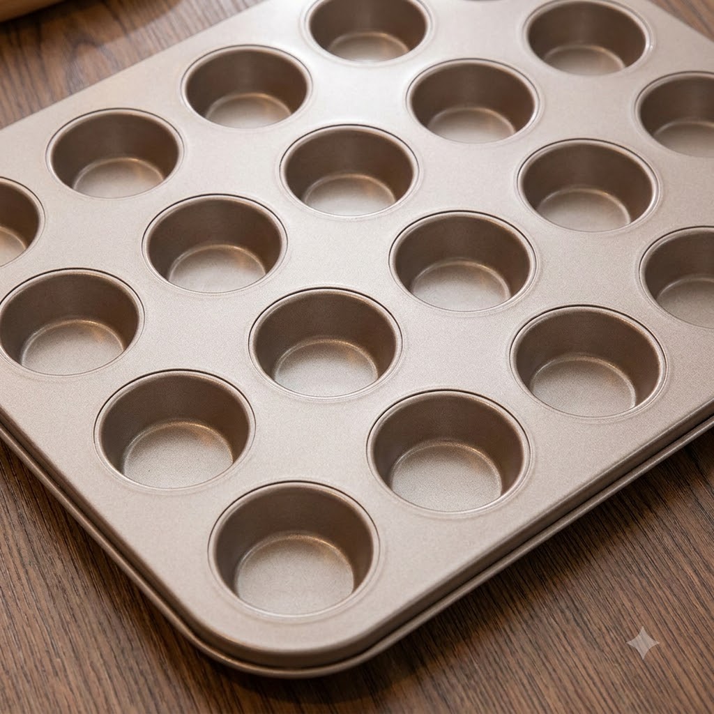 Une plaque de cuisson vide de couleur dorée à compartiments multiples posée sur une surface en bois.