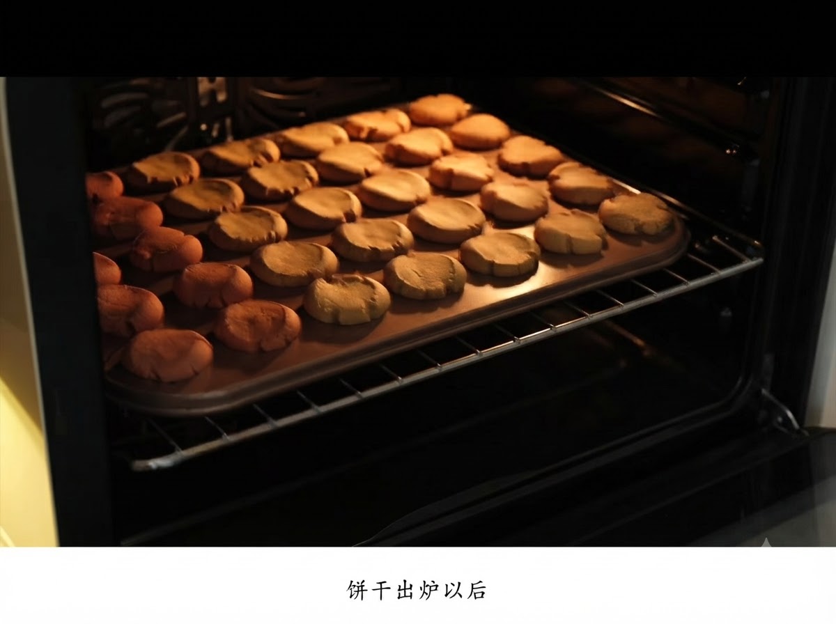 Une plaque de biscuits dorés fraîchement cuits retirée de lintérieur sombre dun four.