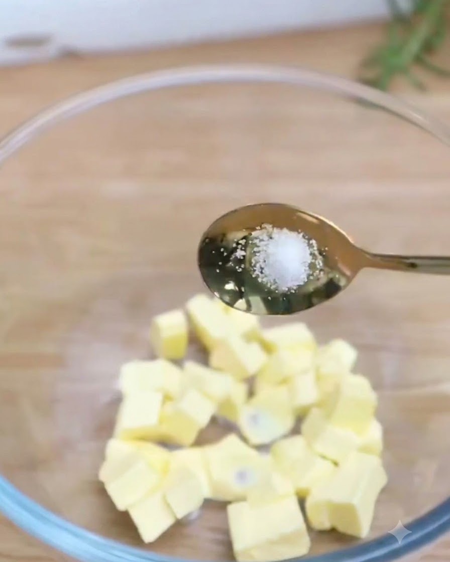 Une cuillerée de sel et de sucre glace versée par-dessus des cubes de beurre ramolli à lintérieur dun bol en verre transparent.