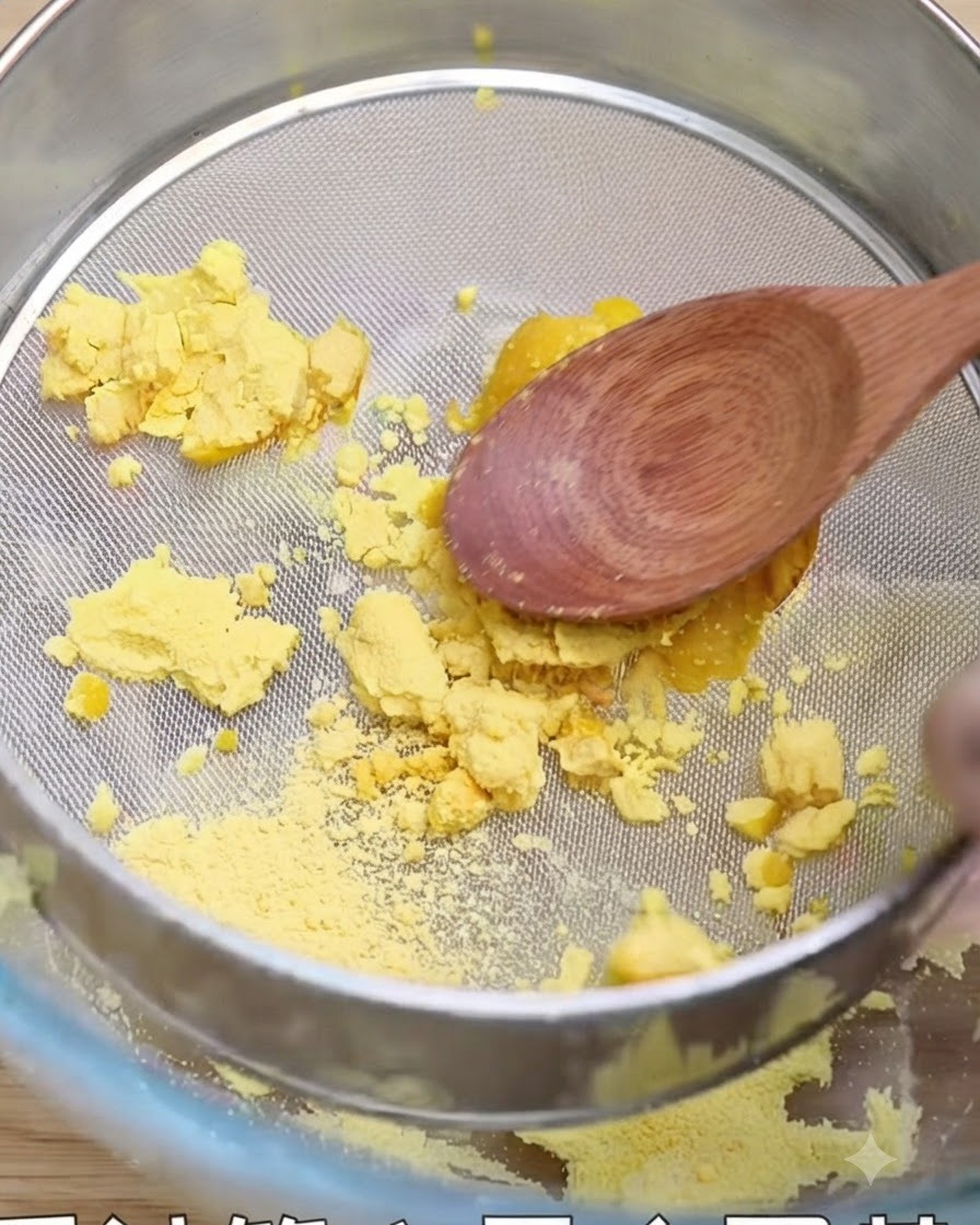 Des jaunes dœufs cuits poussés à travers un tamis en treillis métallique avec une cuillère en bois dans un bol.