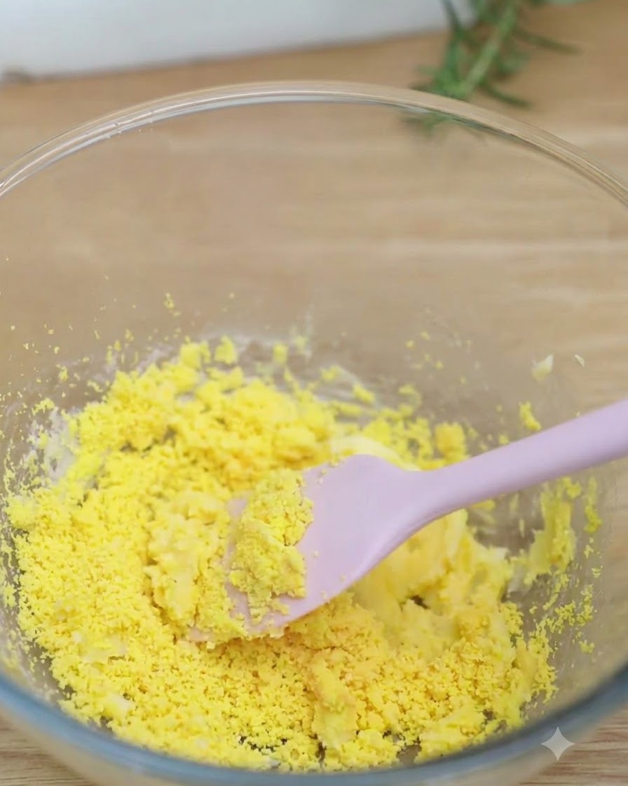 Une spatule rose remuant soigneusement des jaunes dœufs cuits et tamisés dans le mélange de beurre crémeux.