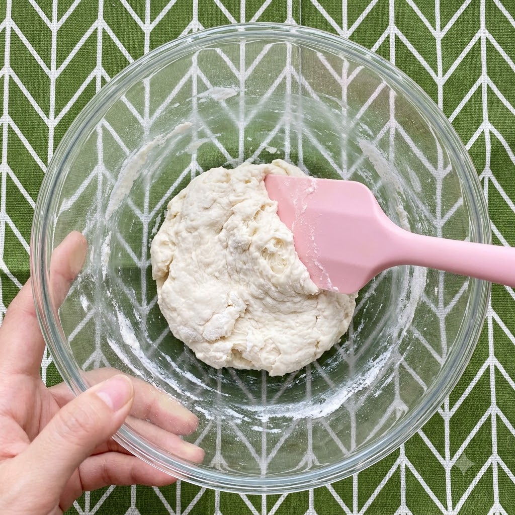 De leau glacée versée dans le bol en verre et mélangée à la farine à laide dune spatule rose pour former un mélange de pâte collante.