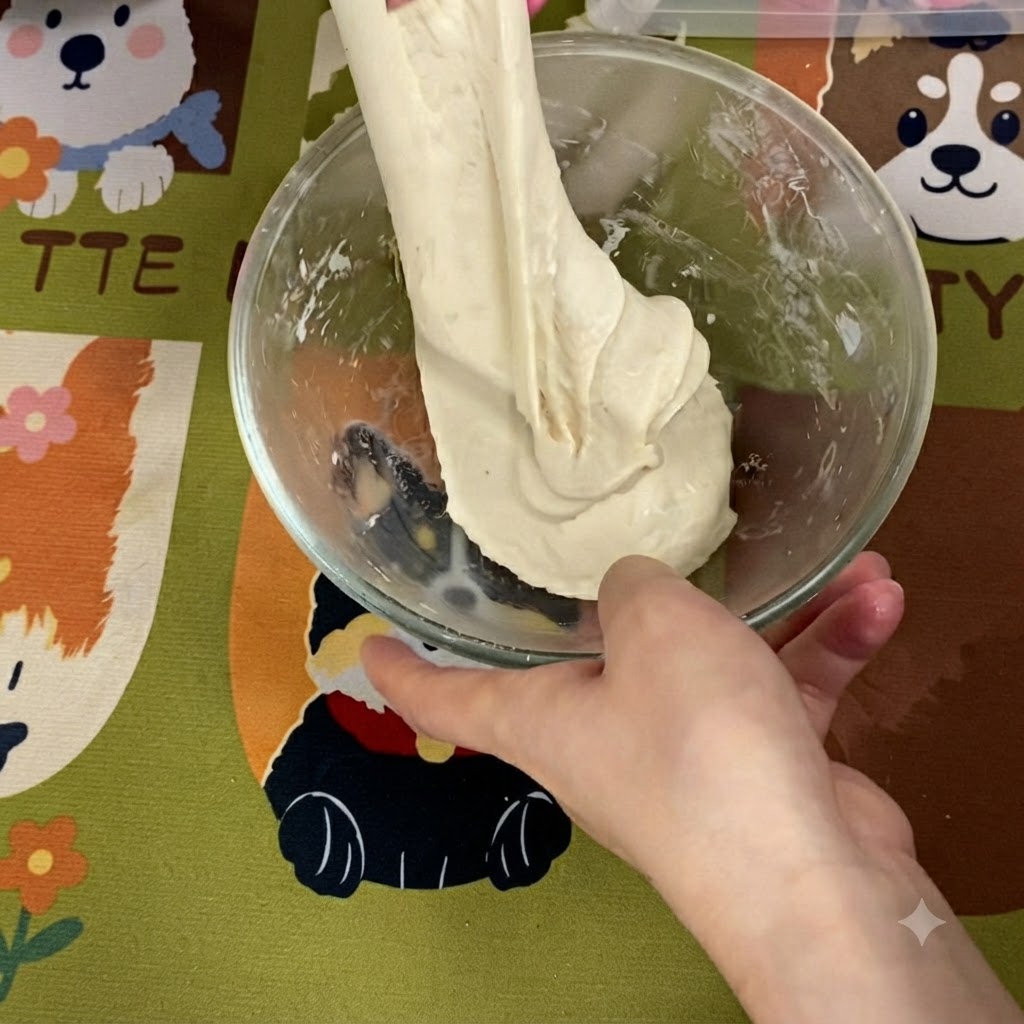 Une section de pâte lisse, élastique et à haute hydratation soulevée et étirée vers le haut hors du bol en verre.