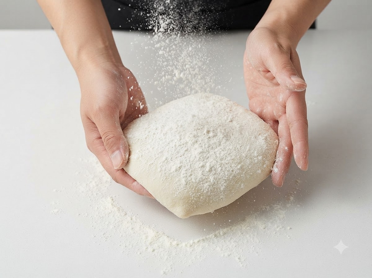 Mains tenant une pâte fermentée de forme carrée tandis que de la farine sèche est saupoudrée dessus sur un comptoir blanc.