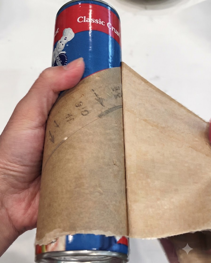 Une main déroulant de la pâte à pizza en conserve de son contenant en carton sur du papier sulfurisé.