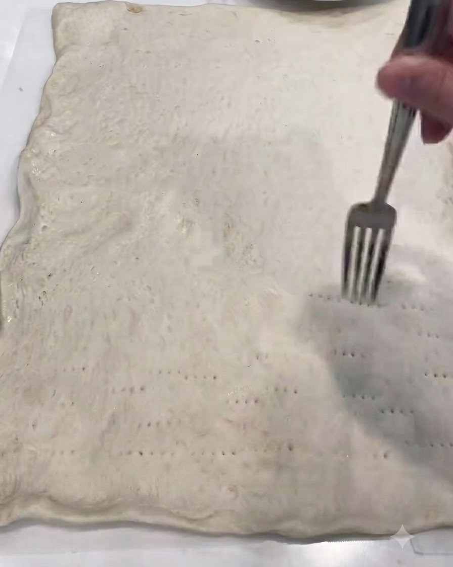 Une main utilisant une fourchette pour percer de nombreux petits trous sur la surface de la pâte à pizza ételée.