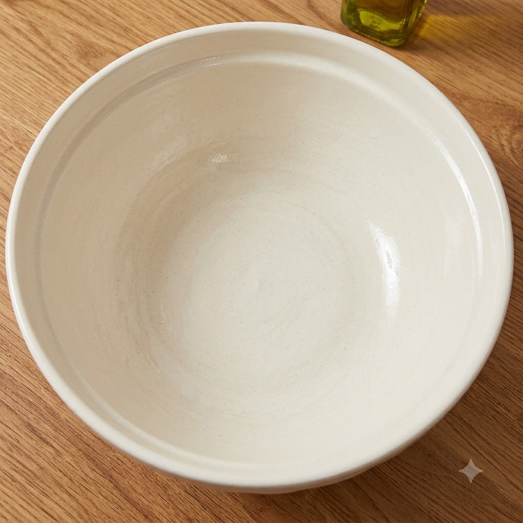 De leau tiède, de la levure, de lhuile dolive et de la farine combinées dans un bol à mélanger blanc.