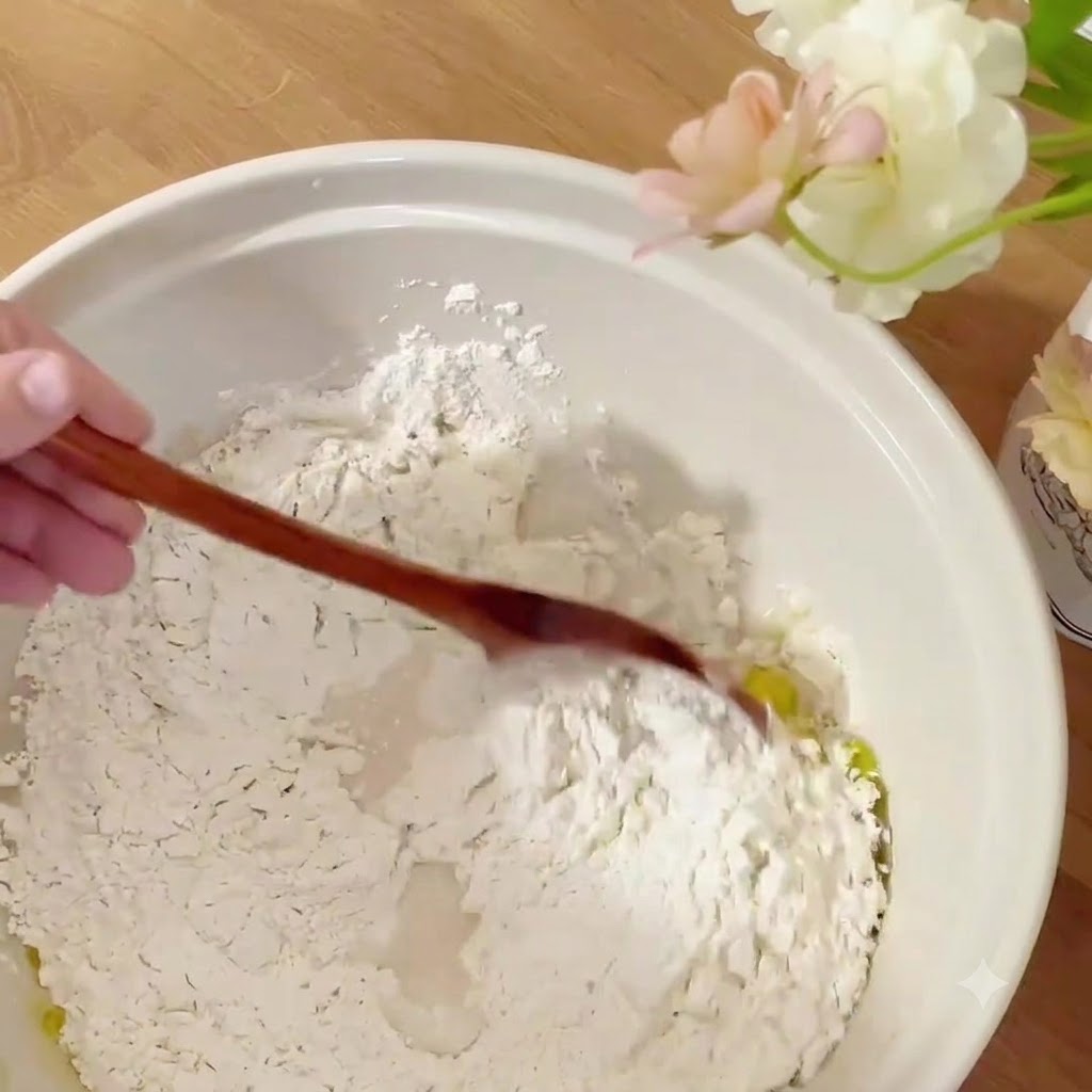 Une cuillère en bois mélangeant de la farine et de leau à lintérieur dun bol en céramique blanc pour former une pâte grossière.