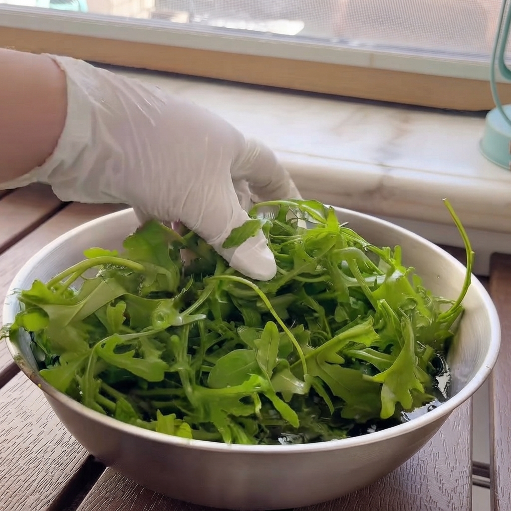 Des feuilles de roquette fraîches submergées dans un bol deau en train dêtre lavées par une main gantée.