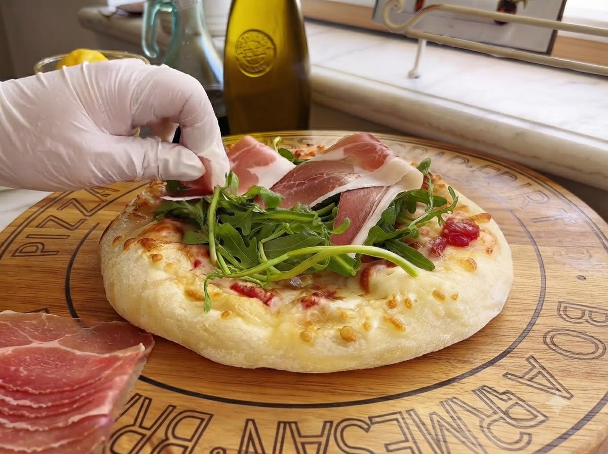 Des tranches de jambon de Parme séché placées délicatement à la main sur une pizza garnie de roquette.