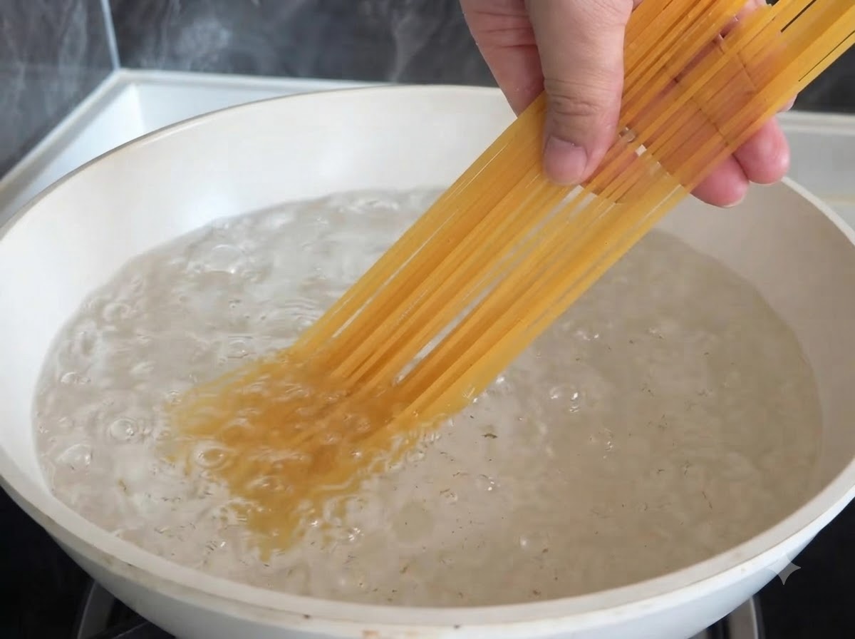 Une main plongeant de longs brins de spaghettis secs dans une casserole blanche remplie deau bouillante à gros bouillons.