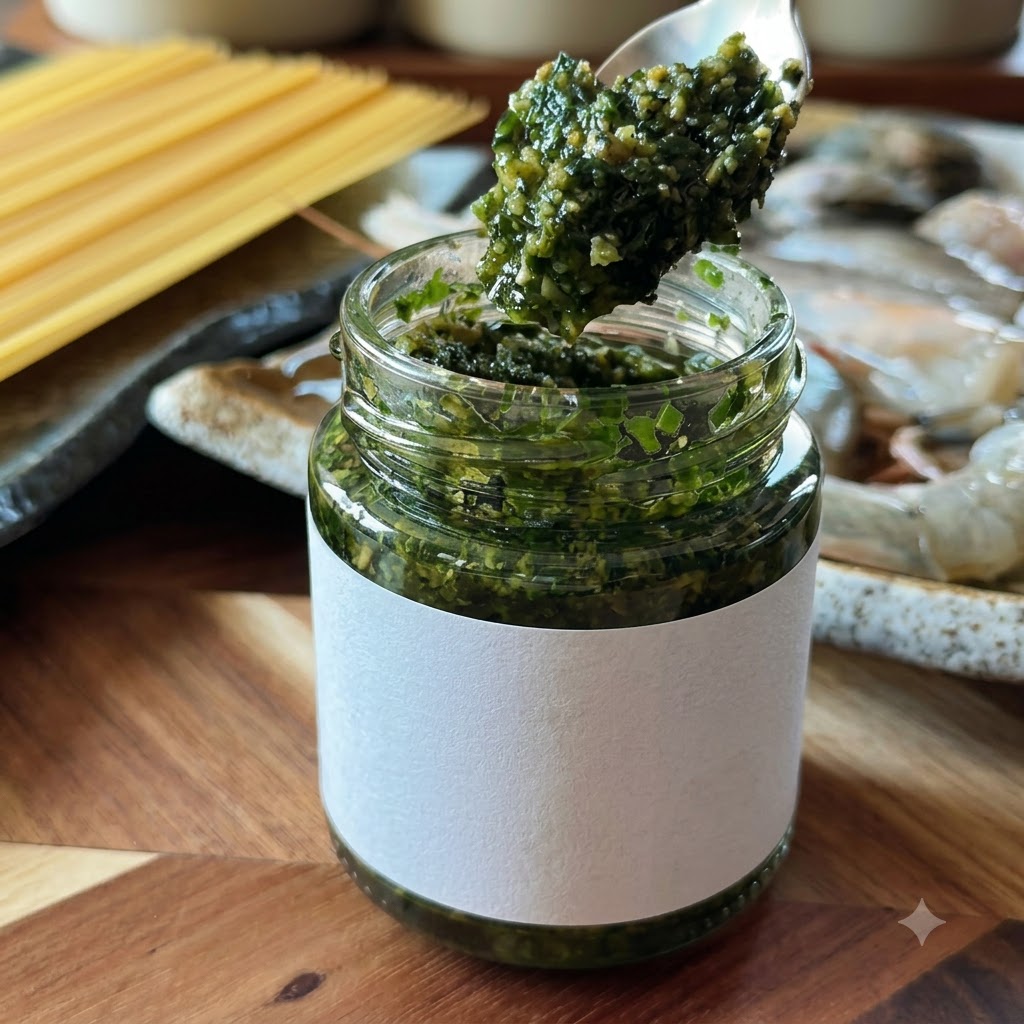 Une cuillère en métal prélevant une belle portion de pesto de basilic vert et épais dans un petit pot en verre.