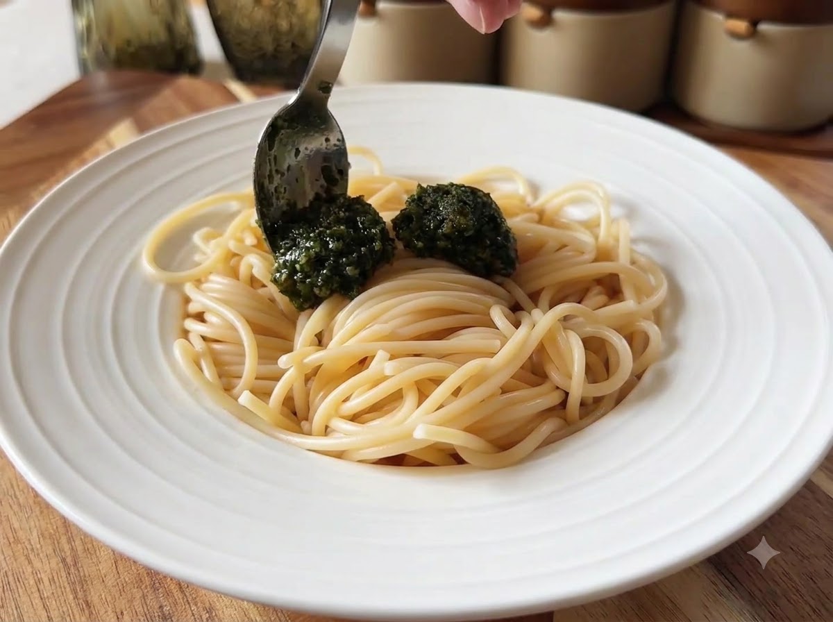 Cuillère ajoutant du pesto de basilic vert éclatant sur des spaghettis chauds cuits dans un plat blanc.