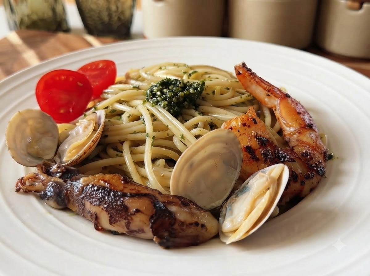 Spaghettis au pesto de basilic terminés et garnis de crevettes poêlées, de palourdes, de calmar et de tomates cerises dans un bol blanc.