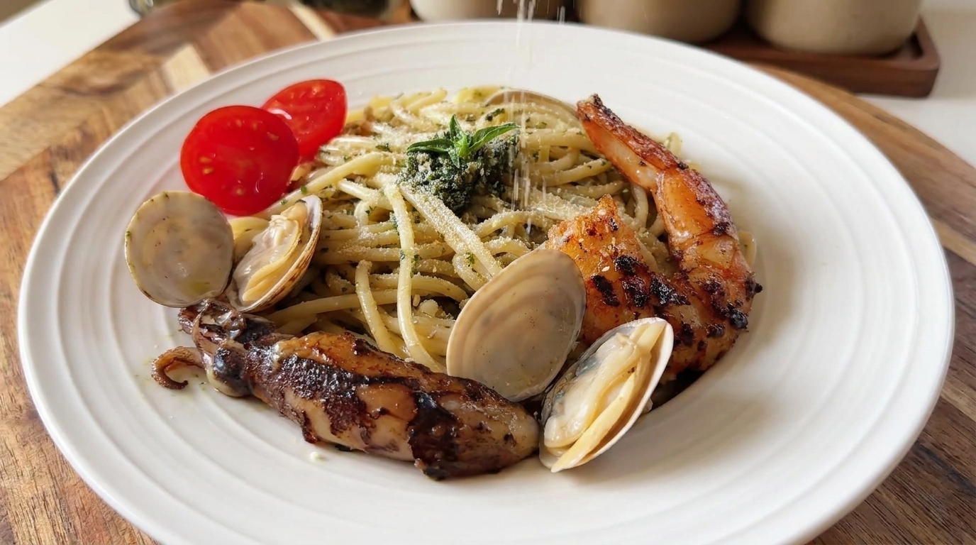 Une belle assiette de spaghettis au pesto de basilic, garnie de crevettes dorées, de calmars, de palourdes et de tomates cerises.