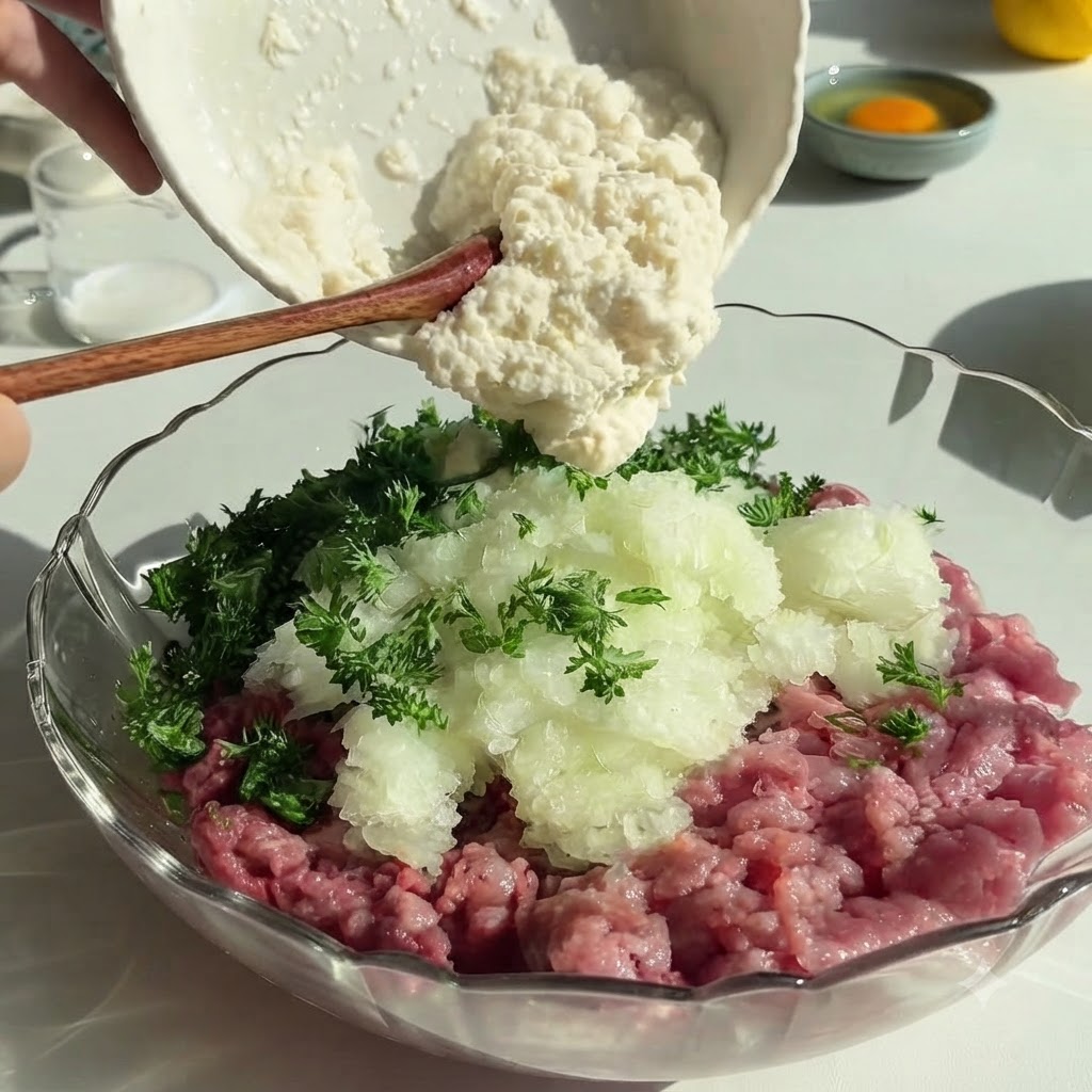 Un bol blanc versant un mélange épais de lait et de chapelure sur la viande hachée et les herbes assaisonnées.