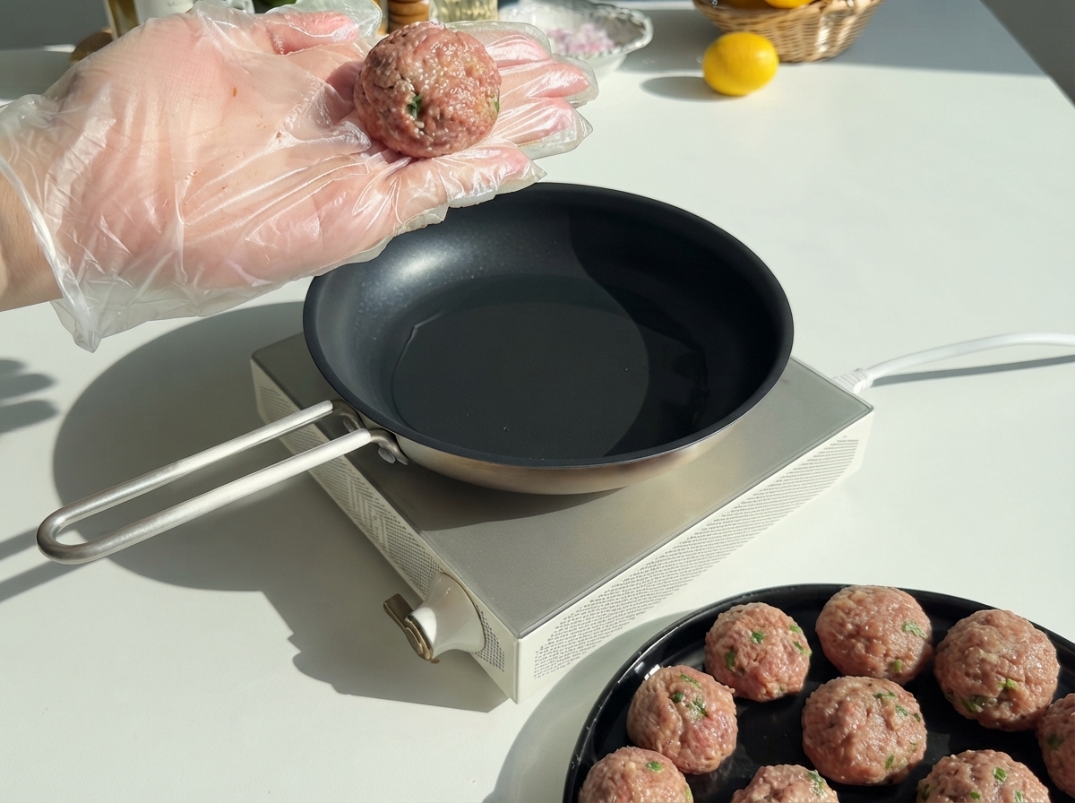 Une main gantée tenant une boulette de viande crue fraîchement roulée au-dessus dune poêle huilée vide avec une assiette de boulettes prêtes à côté.