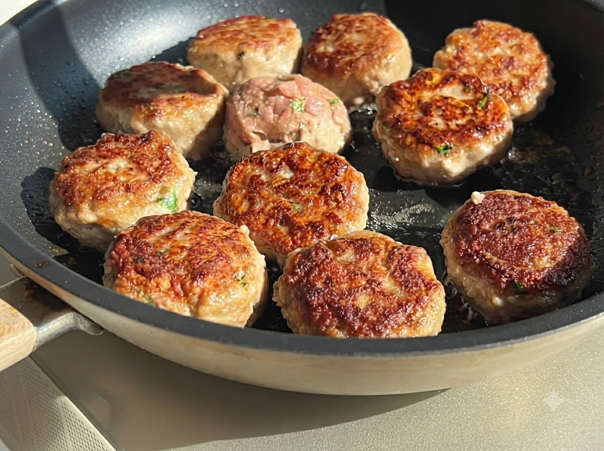 Des boulettes de viande en train de frire dans une poêle, certaines retournées pour montrer une croûte extérieure dorée et croustillante.