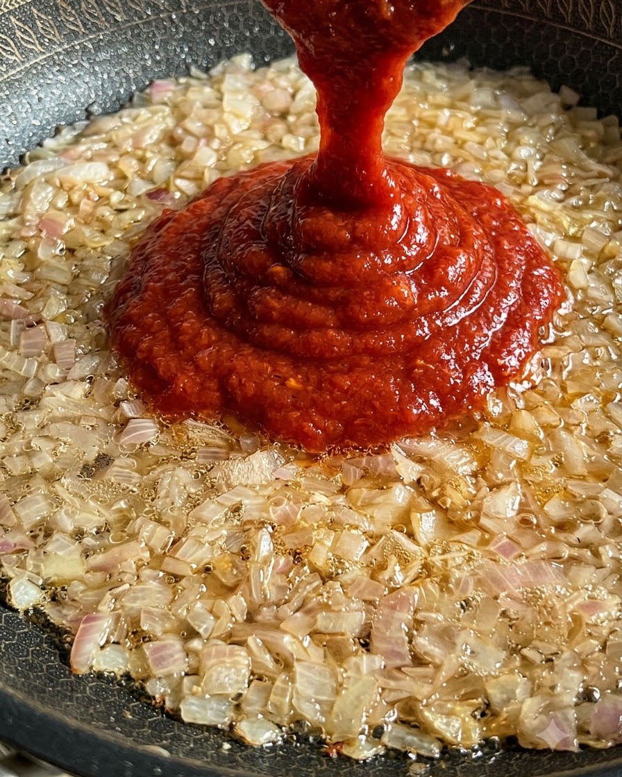 De la sauce tomate rouge épaisse versée dun récipient dans une poêle grésillante doignons sautés.
