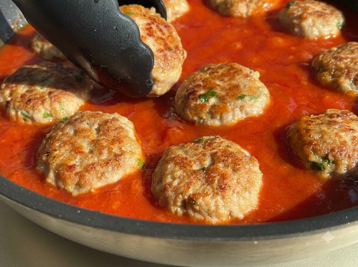 Des pinces plaçant des boulettes dorées une par une dans une poêle remplie de sauce tomate rouge vibrante.