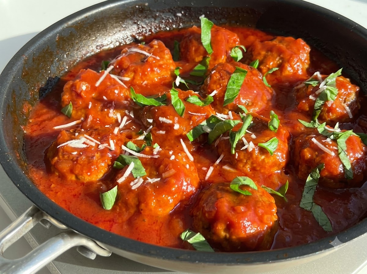 Des feuilles de basilic vert fraîchement déchirées et du parmesan blanc râpé éparpillés sur des boulettes mijotant dans une sauce rouge.