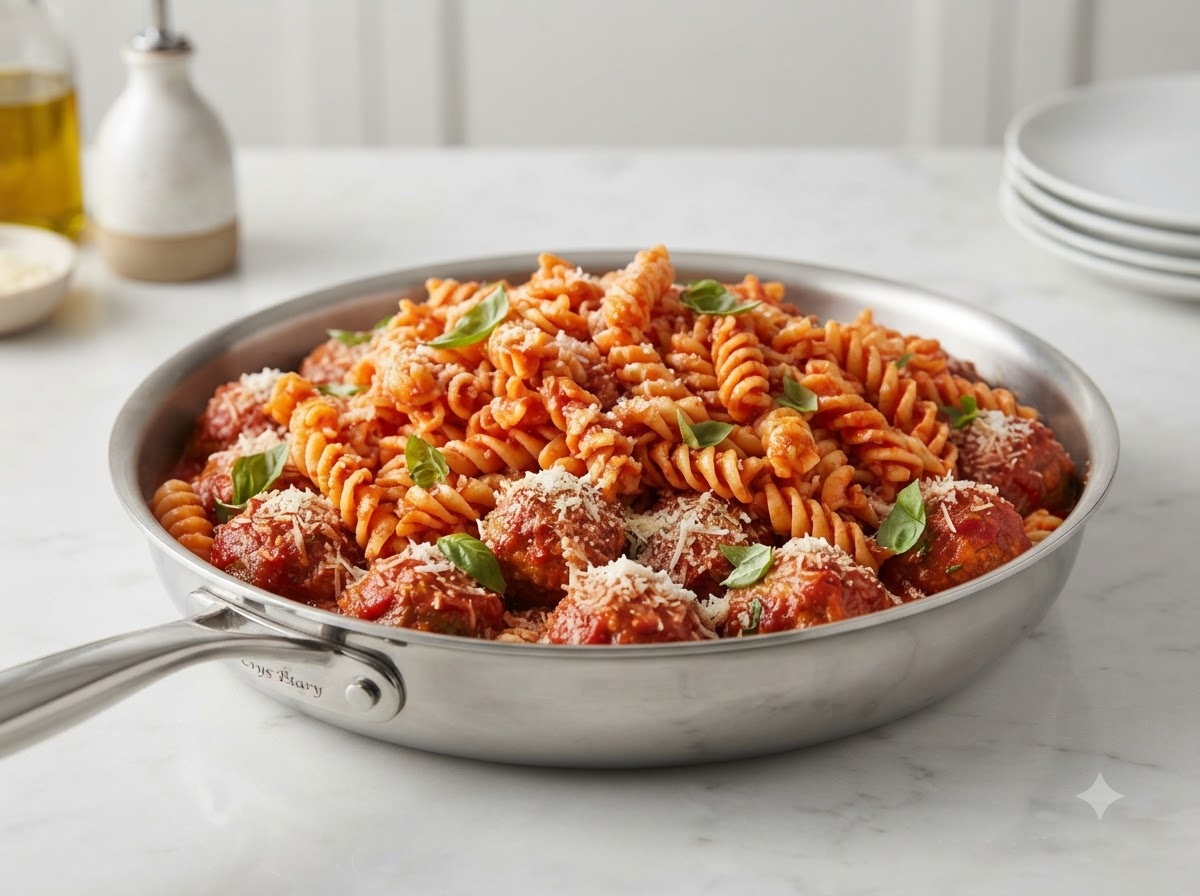 Des pâtes fusilli en spirale cuites amoncelées dans une grande poêle sur des boulettes et de la sauce tomate, prêtes à être mélangées.