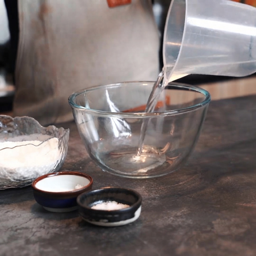De leau versée depuis un pichet doseur dans un bol en verre vide.