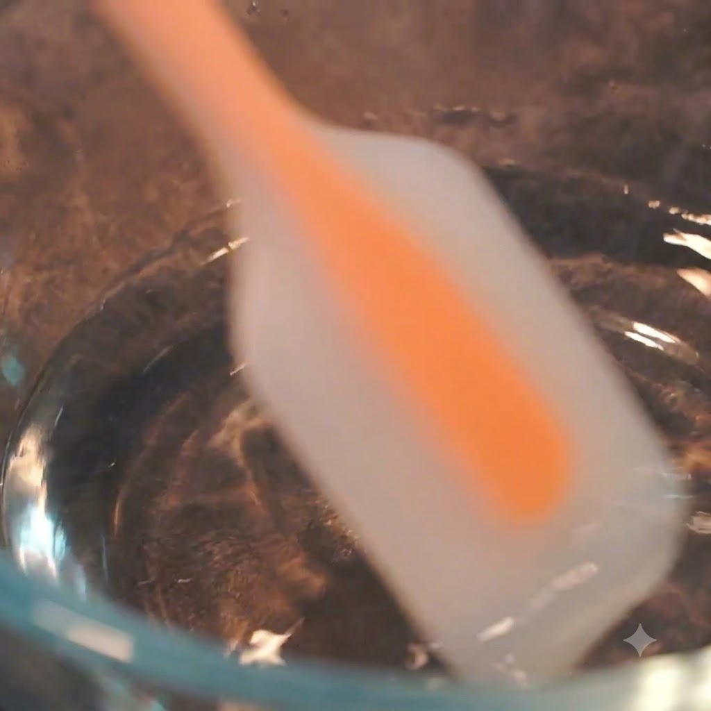 Mélange deau et de sel dans un bol en verre avec une spatule en silicone.