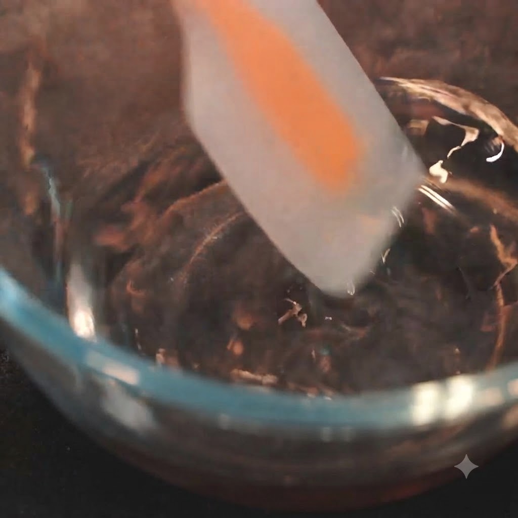 Une spatule en silicone remuant un liquide transparent dans un bol.