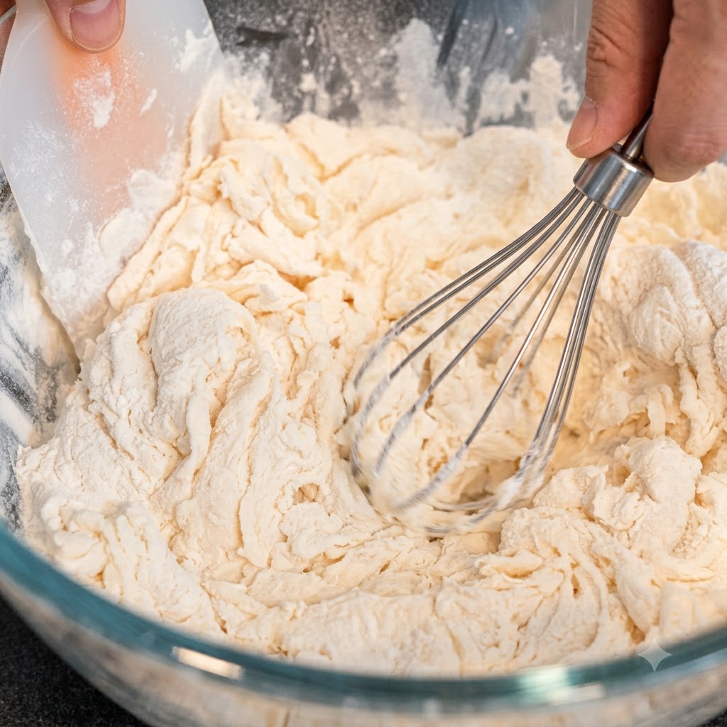 Levure sèche et farine mélangées dans un bol à laide dun fouet et dune spatule.