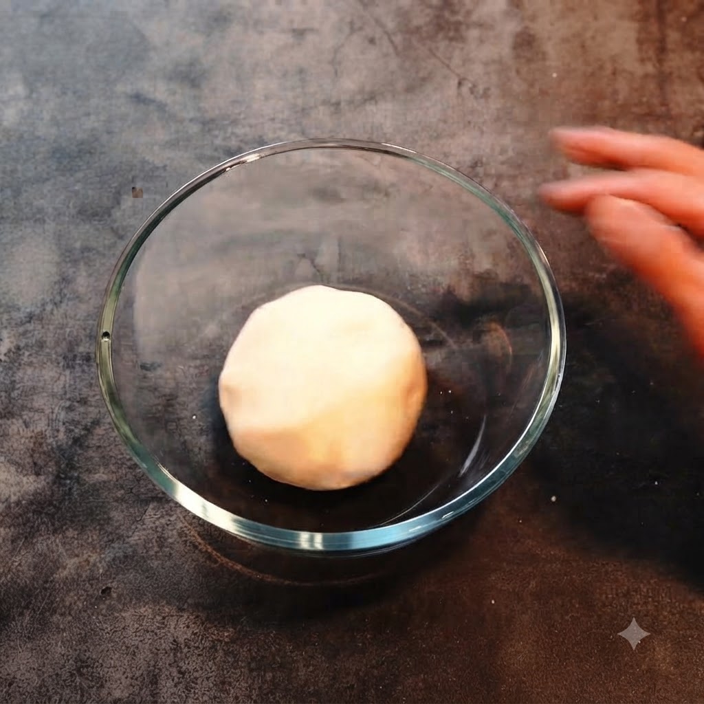 Une boule lisse de pâte blanche reposant dans un bol en verre transparent.