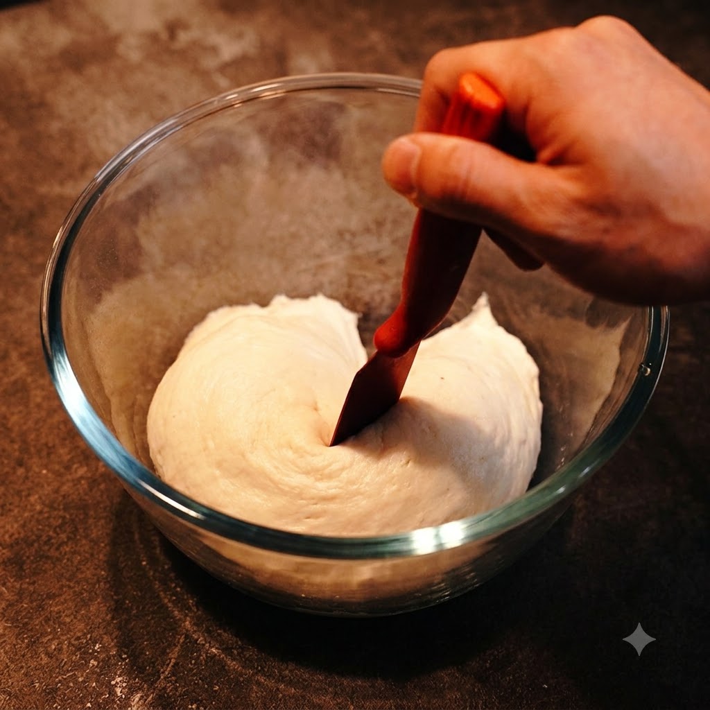 Une spatule rouge tranchant un monticule de pâte levée dans un bol en verre.