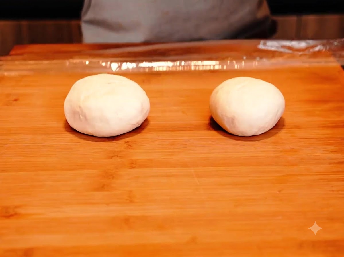 Deux portions rondes de pâte à pizza reposant sur une planche en bois.