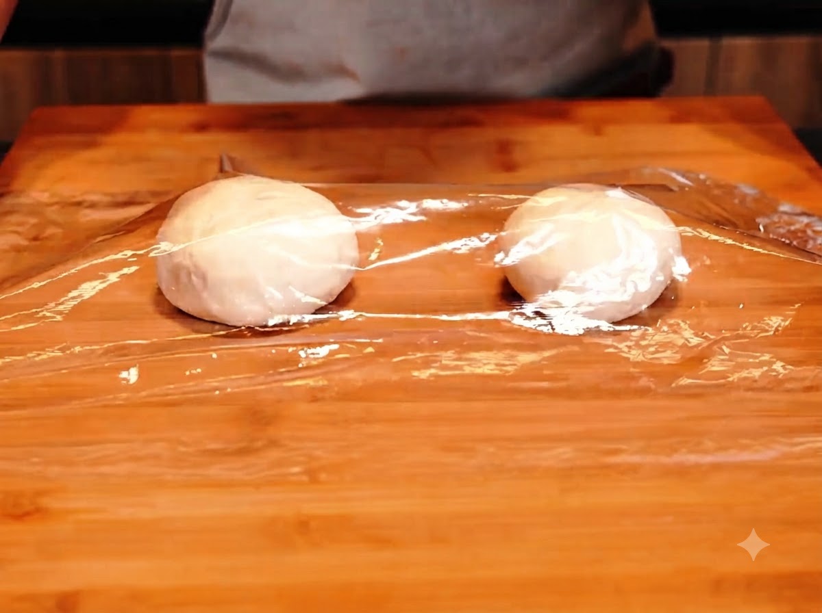 Deux petites boules de pâte recouvertes de film plastique sur une planche.