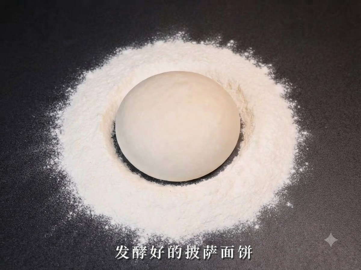 Une boule de pâte fermentée au centre dun cercle de farine sur un plan de travail sombre.