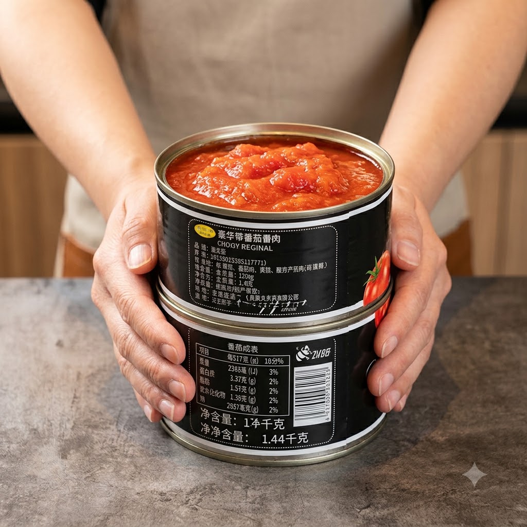 Deux boîtes de conserve de tomates entières pelées.