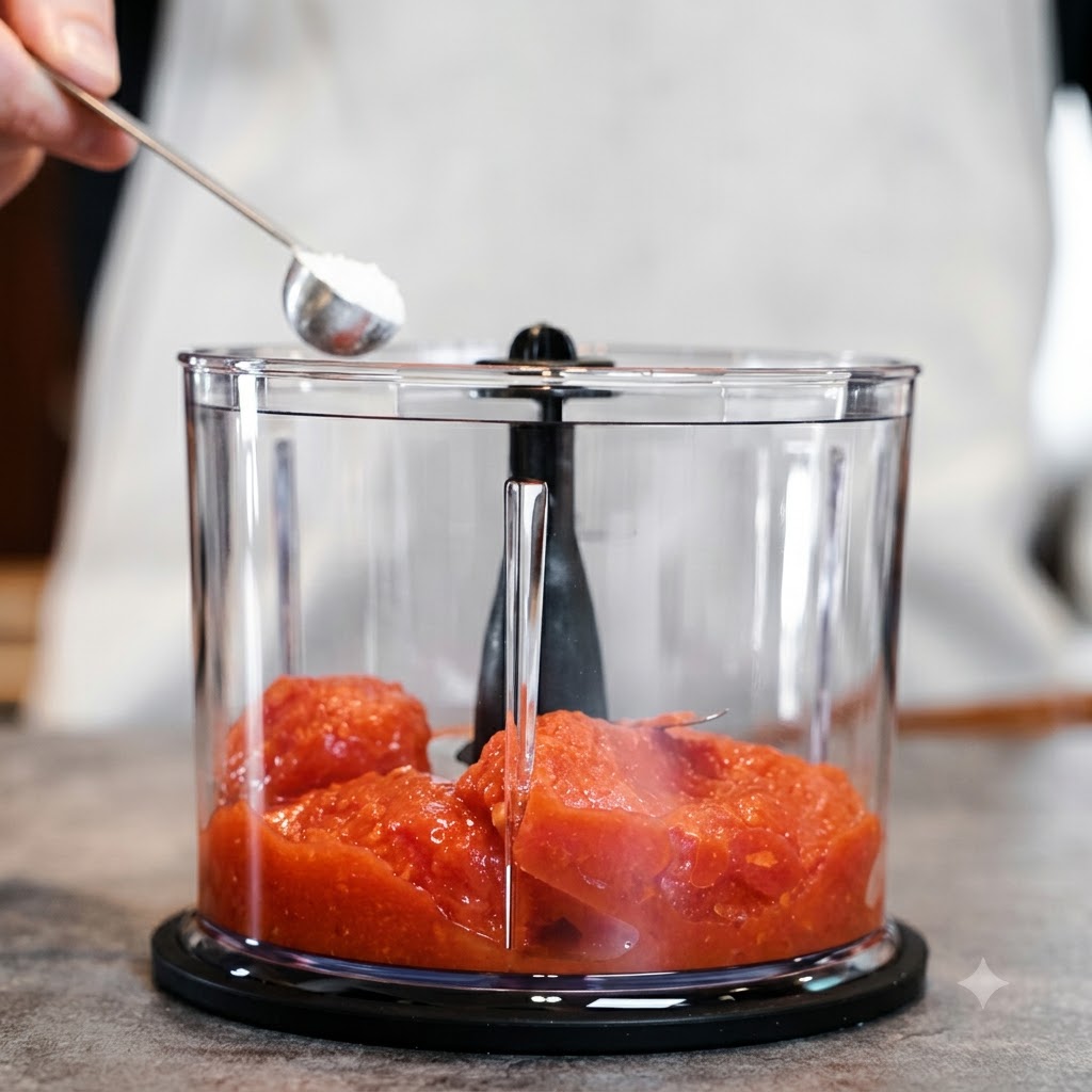 Une cuillerée de sucre ajoutée dans un mixeur contenant des tomates pelées.