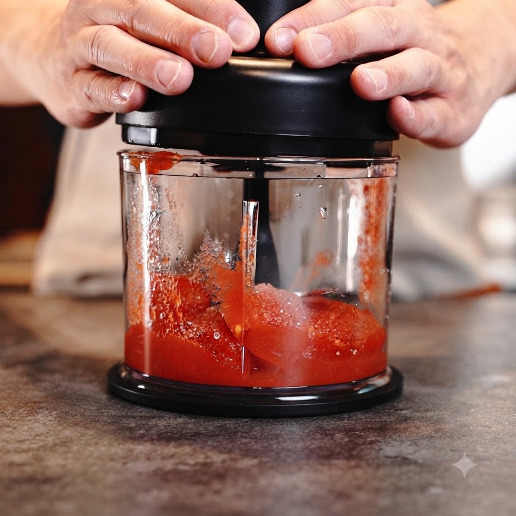 Mains appuyant sur le couvercle dun petit mixeur électrique traitant des tomates.