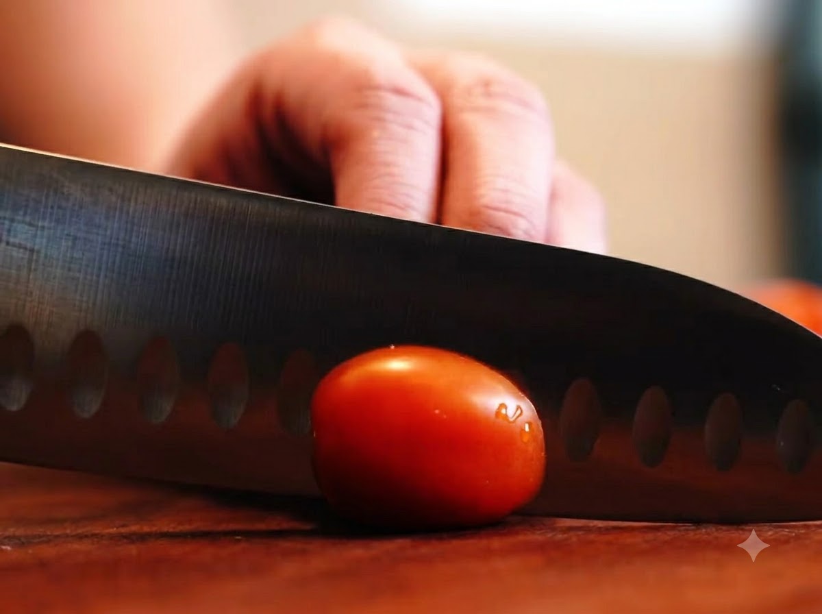 Un couteau de chef tranchant une tomate cerise en deux sur une planche en bois.
