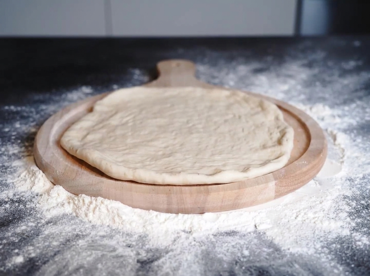 De la sauce tomate rouge étalée en cercles sur une pâte à pizza.